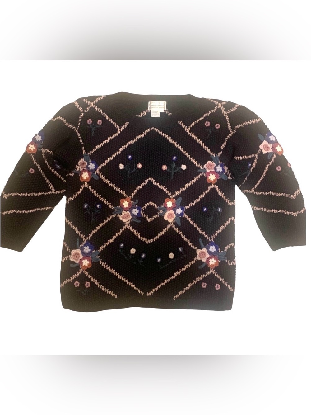 Vintage Black Knit Sweater Crew Neck Long Sleeve Embroider Diamond Floral Size S